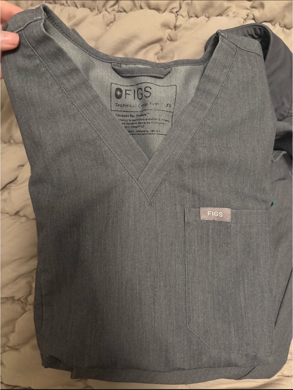 Figs Technical Collection Heather Gray Scrub Top with Teal Drawstrings